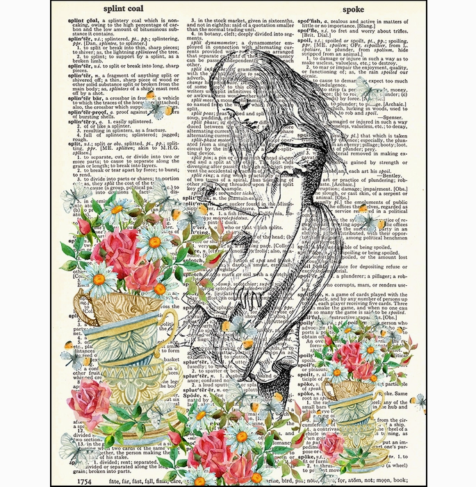 Tea Cup Flowers Alice Dictionary Page Art Print