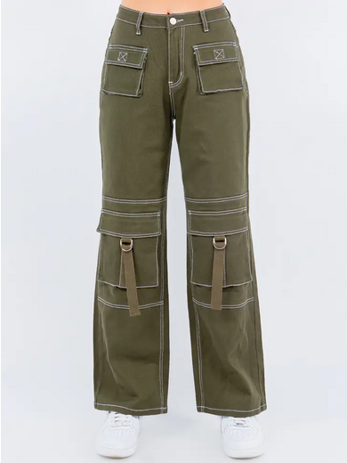 Women's High Waist Olive Cargo Pants