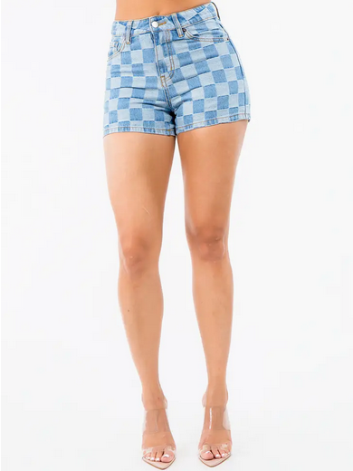 Women's High Waist Checkered Denim Shorts
