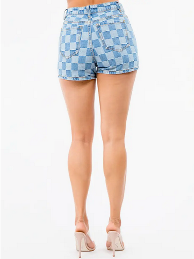 Women's High Waist Checkered Denim Shorts