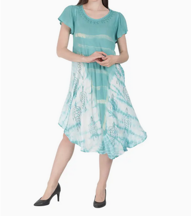 Women's Turtle Block Print Tie-Dye Umbrella Dress