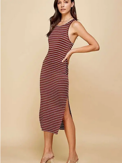 Women's High Neck Stripe Midi Dress