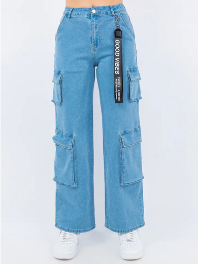 Women's Straight Leg Cargo Pocket Denim Pants