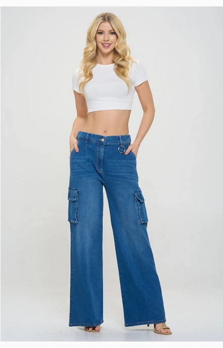 High Rise Solid Wide Leg Cargo Jeans