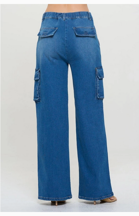 High Rise Solid Wide Leg Cargo Jeans