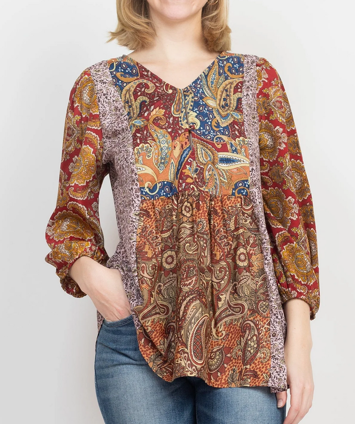 Women's Puffed Sleeve Patchwork Blouse