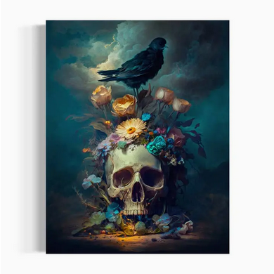 Skull with Flowers and Raven Art Print