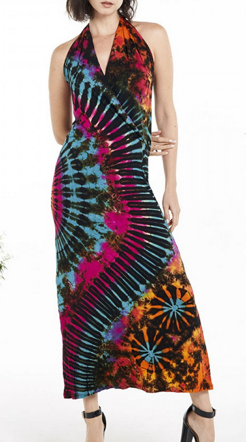 Women's Rayon Spandex Tie-Dye Backless Long Halter Dress