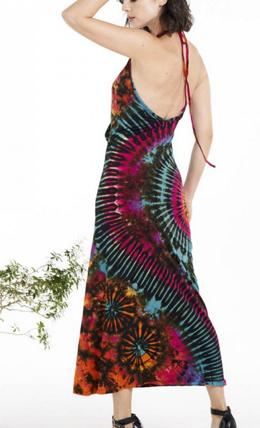 Women's Rayon Spandex Tie-Dye Backless Long Halter Dress