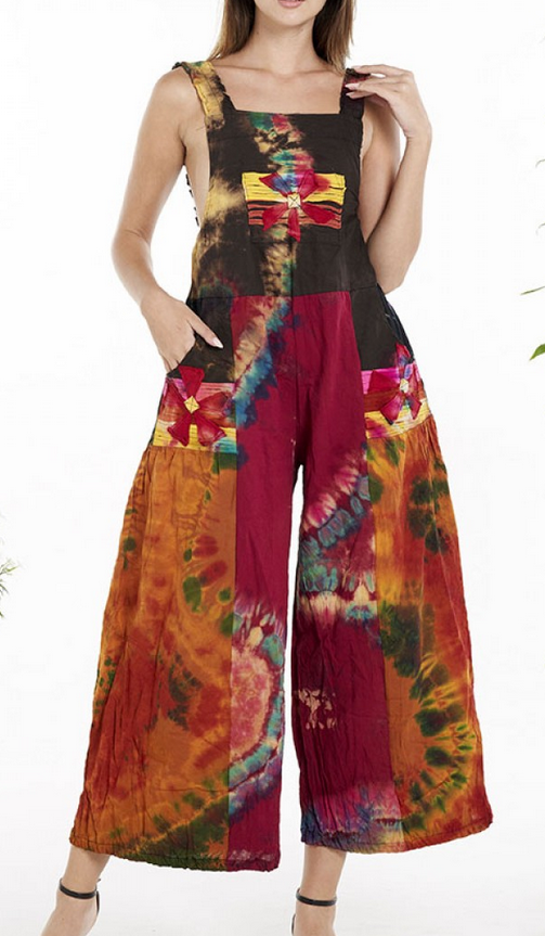 Women's Cotton Tie-Dye Flower Pocket Overalls