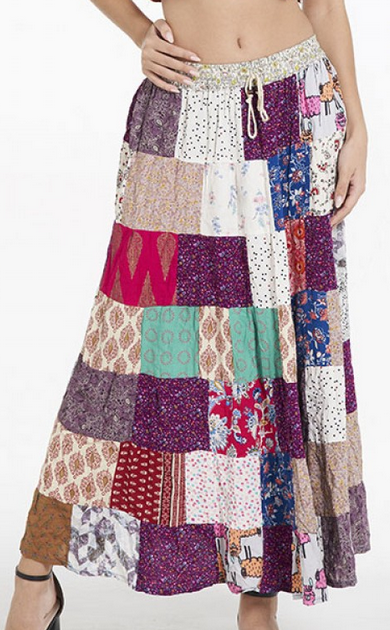 Women's Cotton Patchwork Flowy Drawstring Spinner Maxi Skirt
