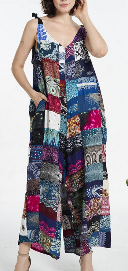 Women's Rayon Patchwork Knot-Tie Overalls