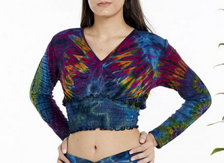 Women's Rayon Spandex Tie-Dye Long-Sleeve Scrunch Waist Top