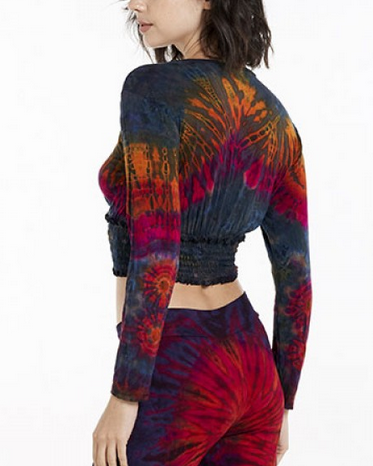 Women's Rayon Spandex Tie-Dye Long-Sleeve Scrunch Waist Top