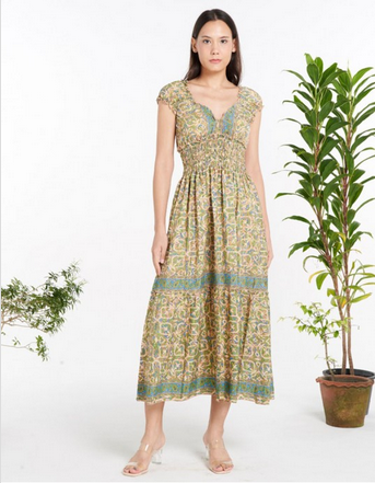 Women's Smocked Polysilk Paisley Midi Dress