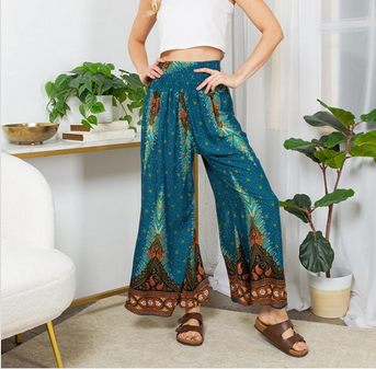 Women's Paisley Smocked Waist Rayon Wide Leg Pants