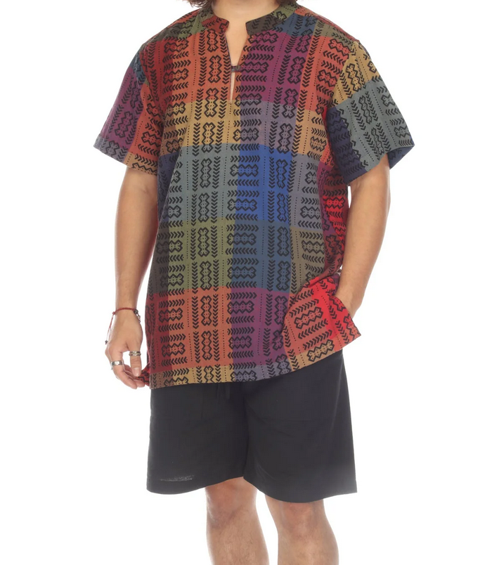 Men's  Rainbow Woven Tribal Patch Print Short Sleeve Kurta