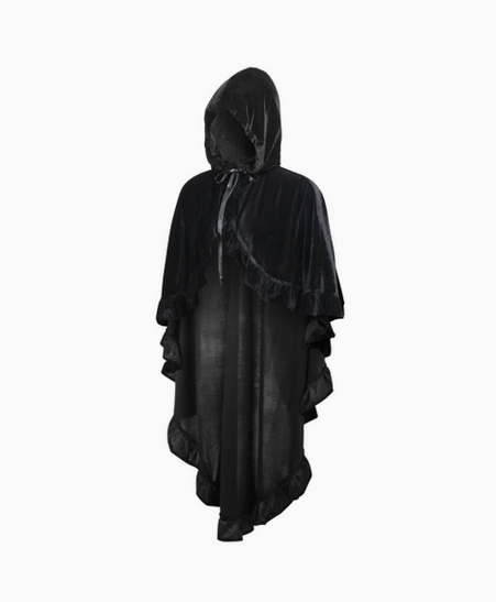 Black Velvet Hooded Ruffle Cape