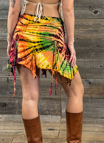 Women's Rayon Spandex Orange Tie Dye Fairy Cut Cinch Mini Skirt