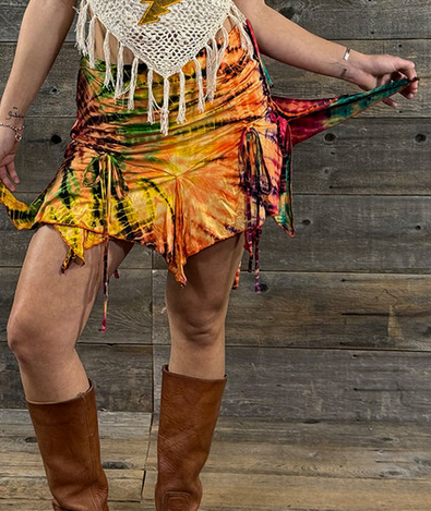 Women's Rayon Spandex Orange Tie Dye Fairy Cut Cinch Mini Skirt