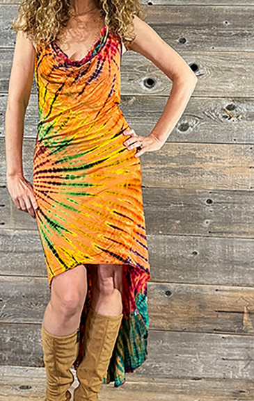 Women's Orange Tie Dye Rayon Spandex High-Low Halter Mini Dress