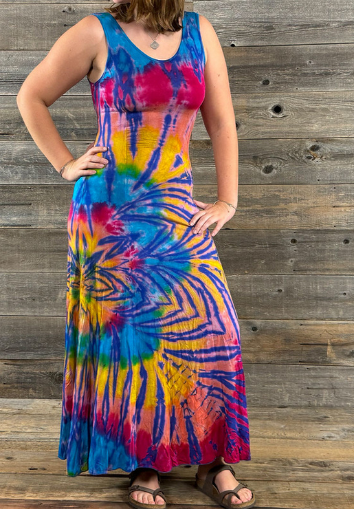 Women's Rayon Spandex Kalidescope Tie Dye Coresette Back Maxi Dress