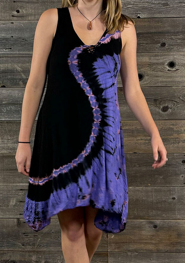 Women's Rayon Spandex Lilac Tie Dye Cap Razor Cut Braid Short Dress