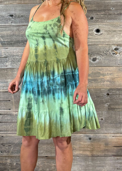 Women's Cotton Blue/Green Tie Dye Spaghetti Strap Tiered Mini Dress