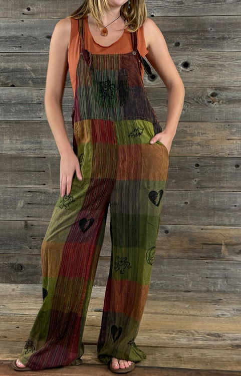 Unisex Cotton Stonewash Faux Patch Loose Overalls with Grateful Dead Block Print, Adjustable Button Straps& 5 Pockets