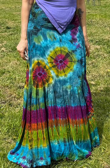 Women's Flat Rayon Mudmee Tie-Dye Smocking Tube Top Tiered Long Dress/Maxi Skirt
