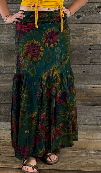 Women's Flat Rayon Mudmee Tie-Dye Smocking Tube Top Tiered Long Dress/Maxi Skirt