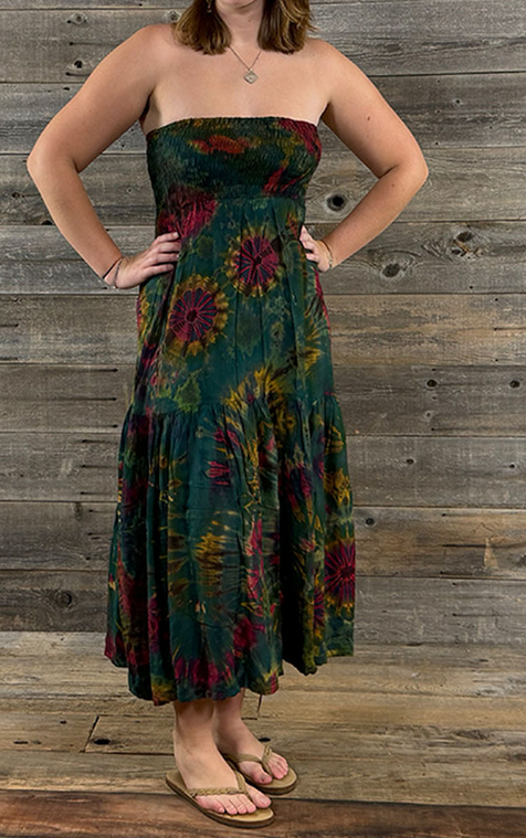 Women's Flat Rayon Mudmee Tie-Dye Smocking Tube Top Tiered Long Dress/Maxi Skirt