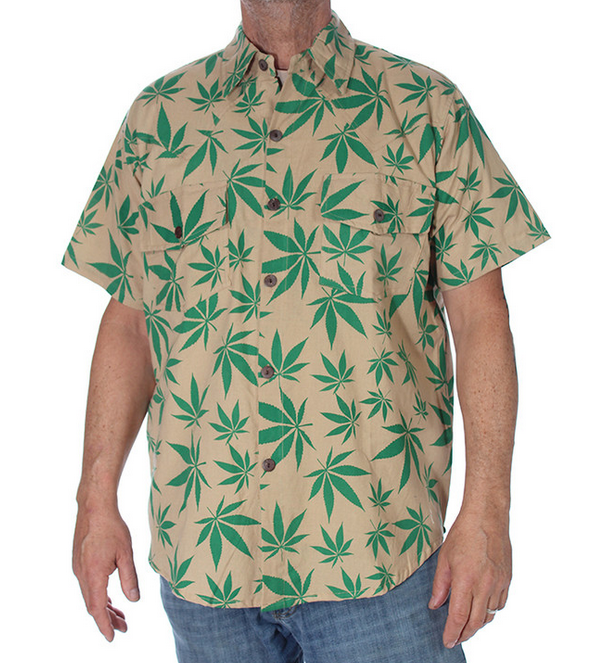 Men's Cotton Short Sleeve Button-Up Leaf Print Shirt