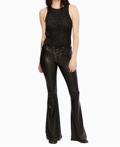 Women's Lace Up Wide Leg Faux Leather Bell Bottoms