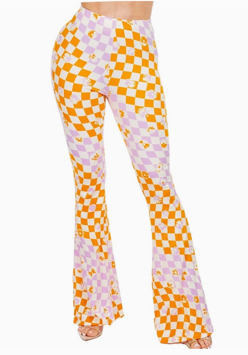 Women's Checkered Flower Bell Bottom Flare Pants