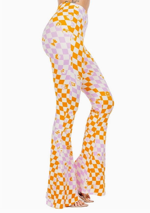 Women's Checkered Flower Bell Bottom Flare Pants