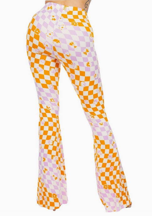 Women's Checkered Flower Bell Bottom Flare Pants
