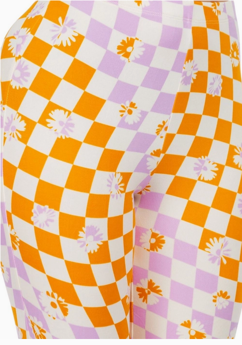 Women's Checkered Flower Bell Bottom Flare Pants