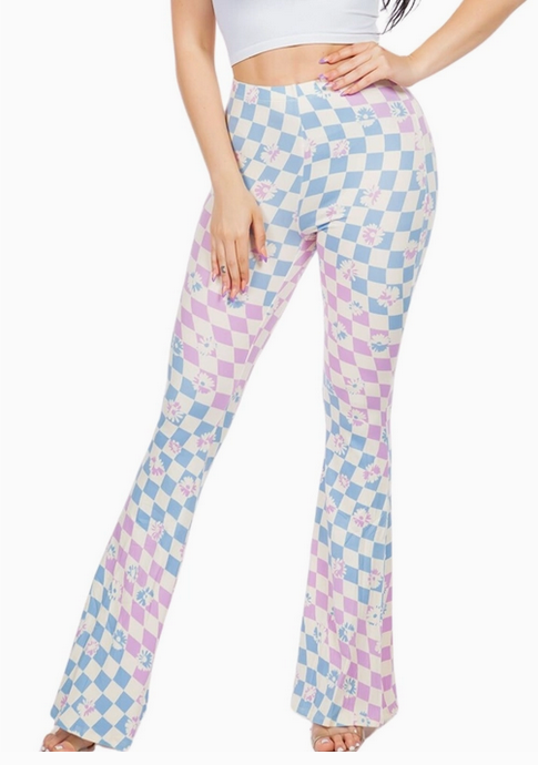 Women's Checkered Flower Bell Bottom Flare Pants