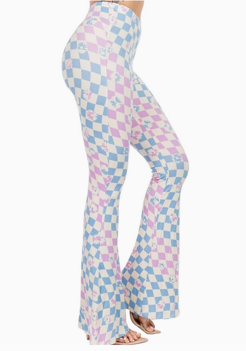 Women's Checkered Flower Bell Bottom Flare Pants
