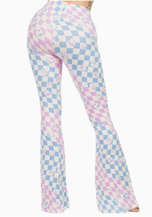 Women's Checkered Flower Bell Bottom Flare Pants