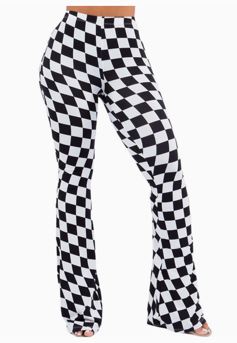 Women's Black and White Checkered Bell Bottom Flare Pants
