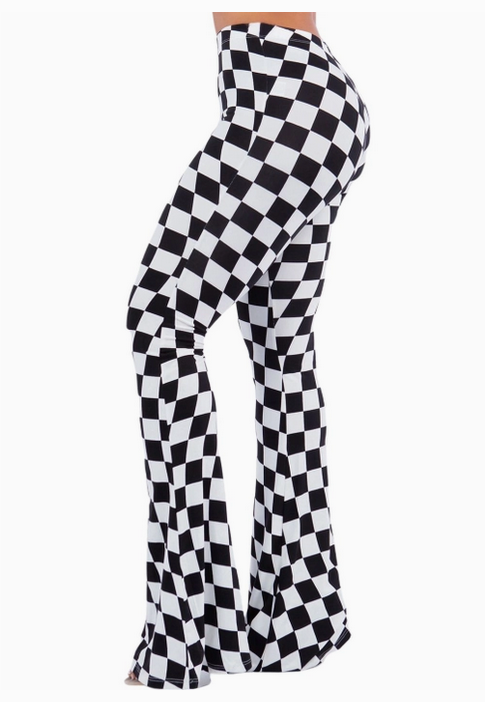 Women's Black and White Checkered Bell Bottom Flare Pants