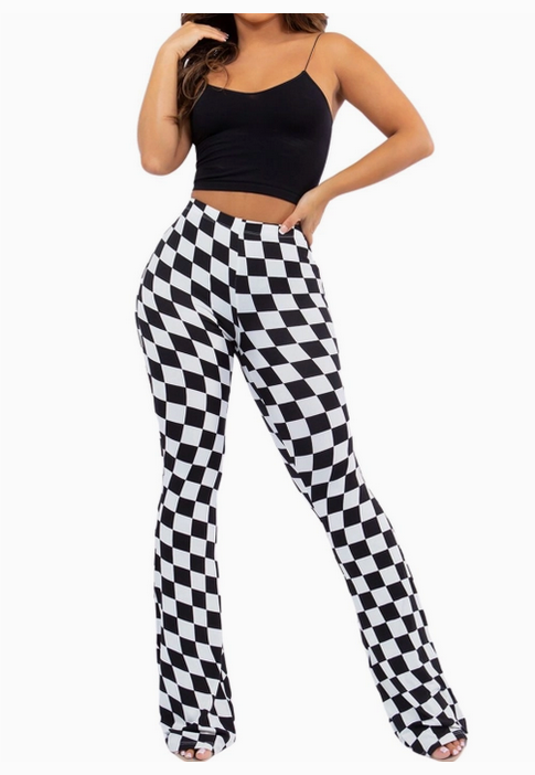 Women's Black and White Checkered Bell Bottom Flare Pants