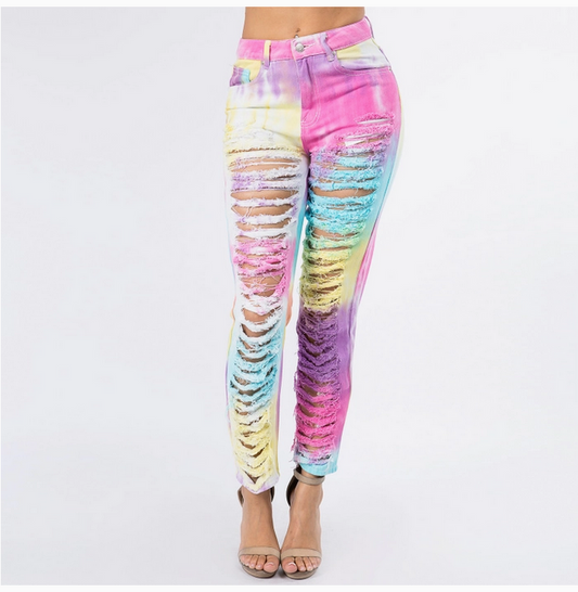 Women's Distressed Tie Dye Straight Mom Jeans