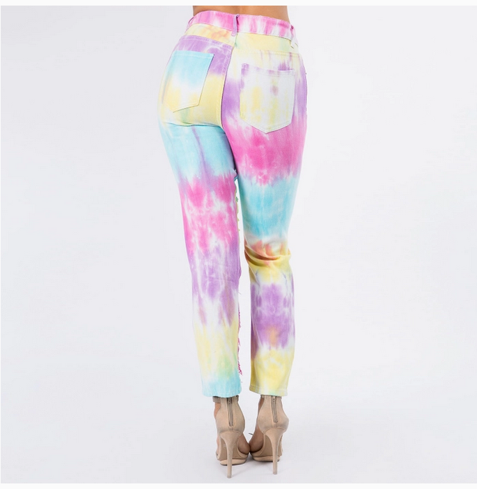 Women's Distressed Tie Dye Straight Mom Jeans