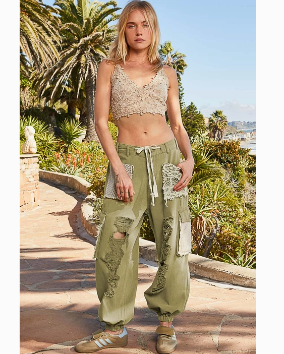 Vintage Wash Crochet Patches Distress Jogger Pants