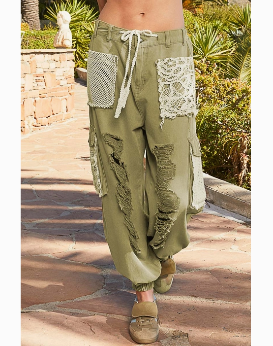 Vintage Wash Crochet Patches Distress Jogger Pants
