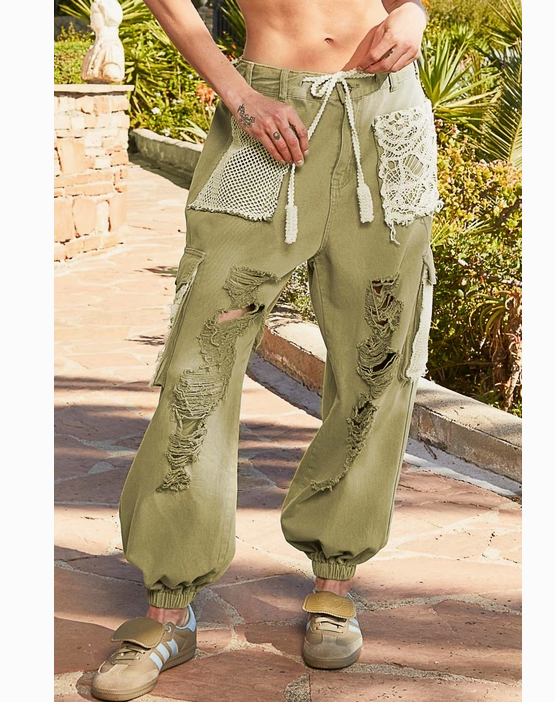 Vintage Wash Crochet Patches Distress Jogger Pants