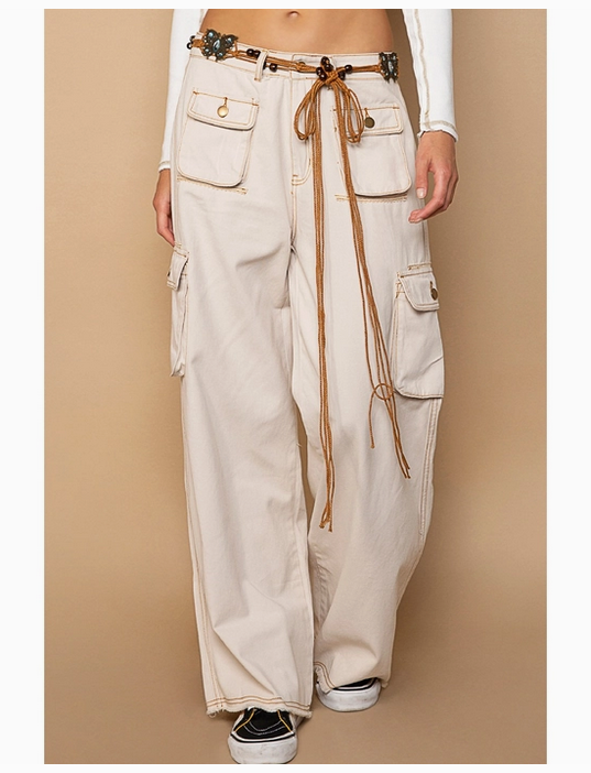 Elastic Waist Band Cargo Pockets Wide Leg Long Pants